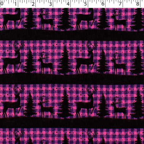 black reindeer stripe with petunia and purple buffalo check background flannelette print